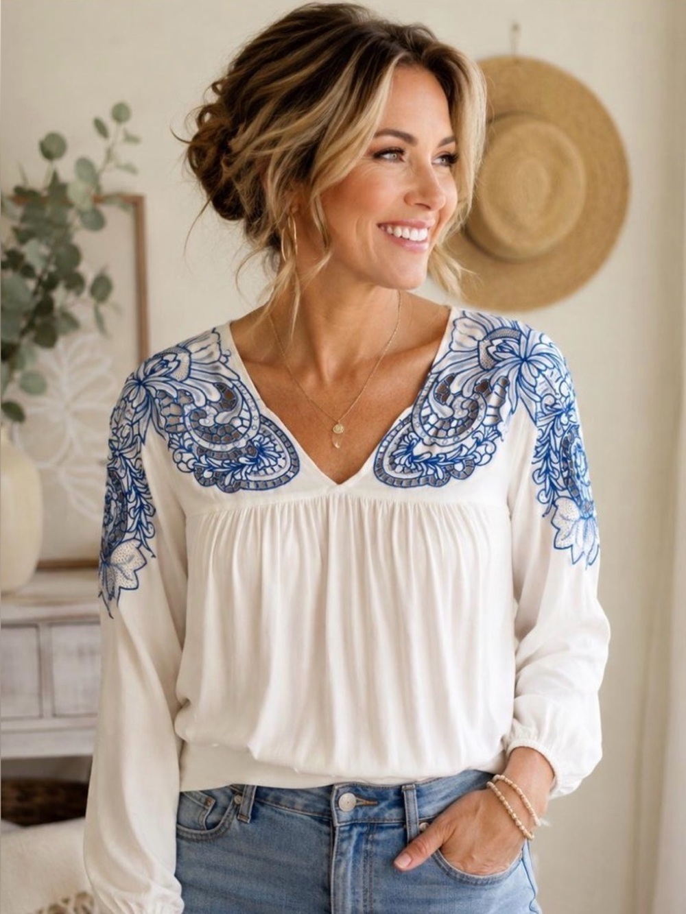 Boston Proper White Blouse with Blue Floral Embroidery - Women Tops